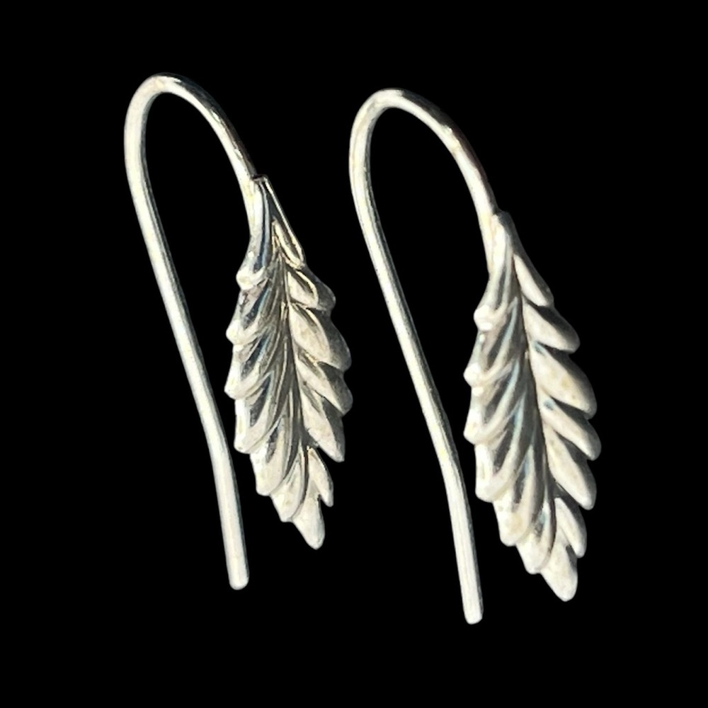 Sterling Silver Feathers Leaf Dangle Hook Earrings - image 1